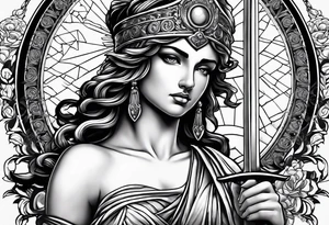 "I would like to depict Themis (Greek Goddess of Justice) cutting her own eyes with her sword." tattoo idea