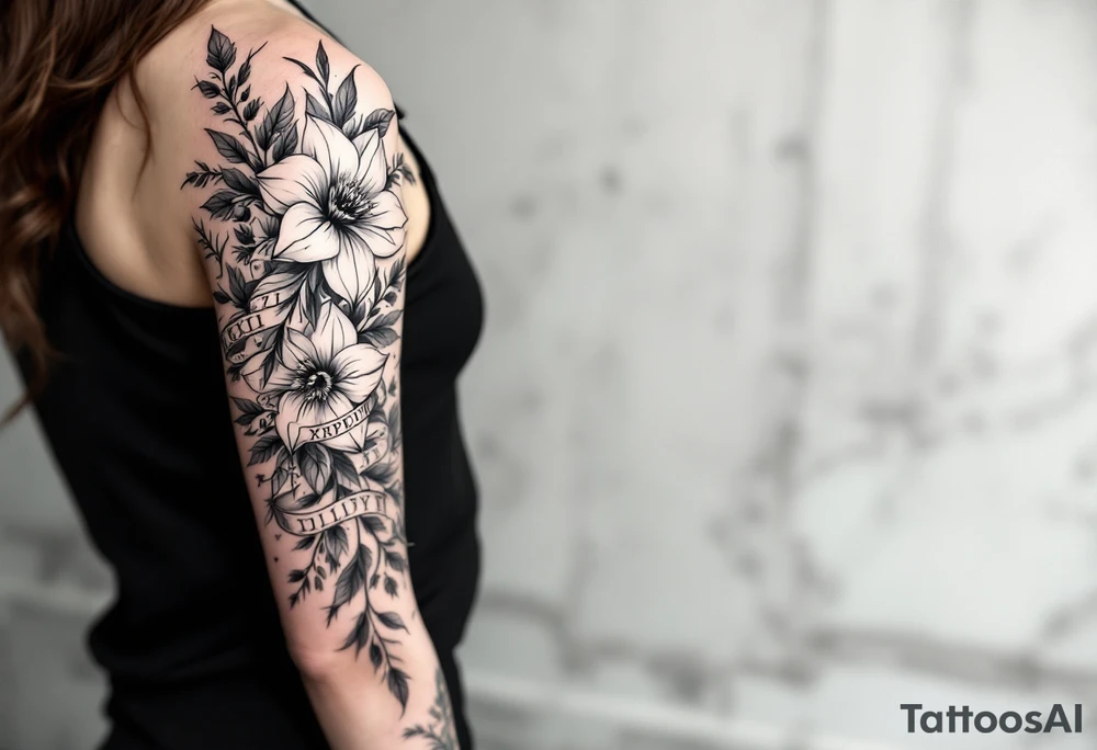 narcissus flowers and holly with 2 bands with roman numerals around them tattoo idea