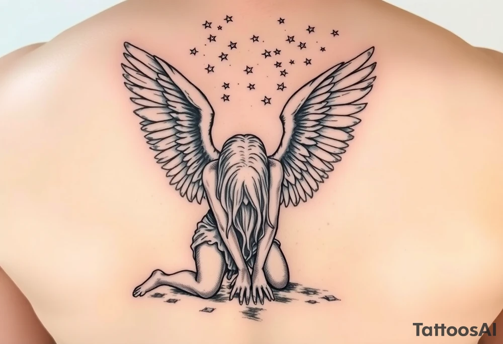 Fallen angels on knees head down looking his nonsese dropped hands on ground while his long blonde hair cover his face and his great full wings  scattered in the sky tattoo idea