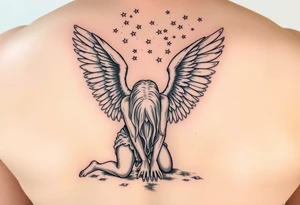 Fallen angels on knees head down looking his nonsese dropped hands on ground while his long blonde hair cover his face and his great full wings  scattered in the sky tattoo idea