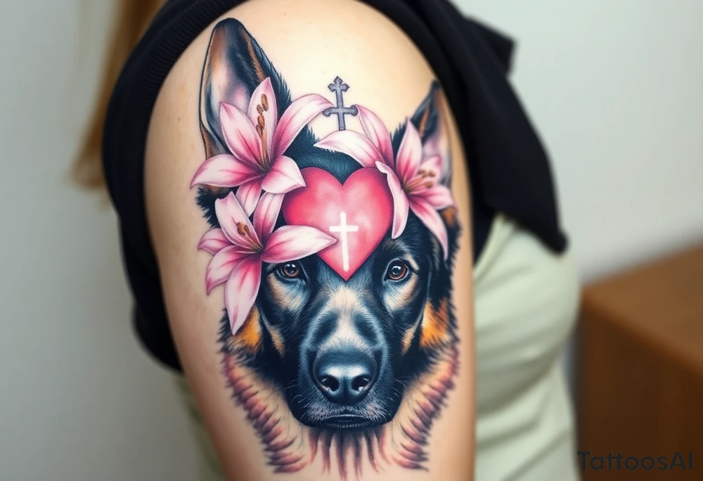 realistic german shepherd looking protective with pink lilies in front of a sacred heart symbol tattoo idea