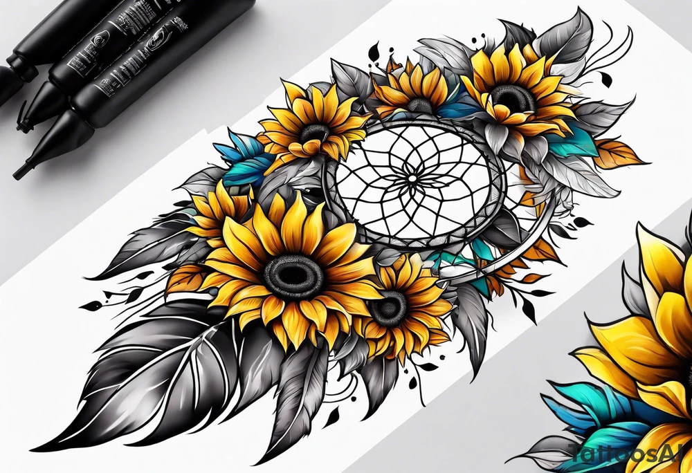 Dreamcatcher and sunflowers forearm sleeve tattoo idea