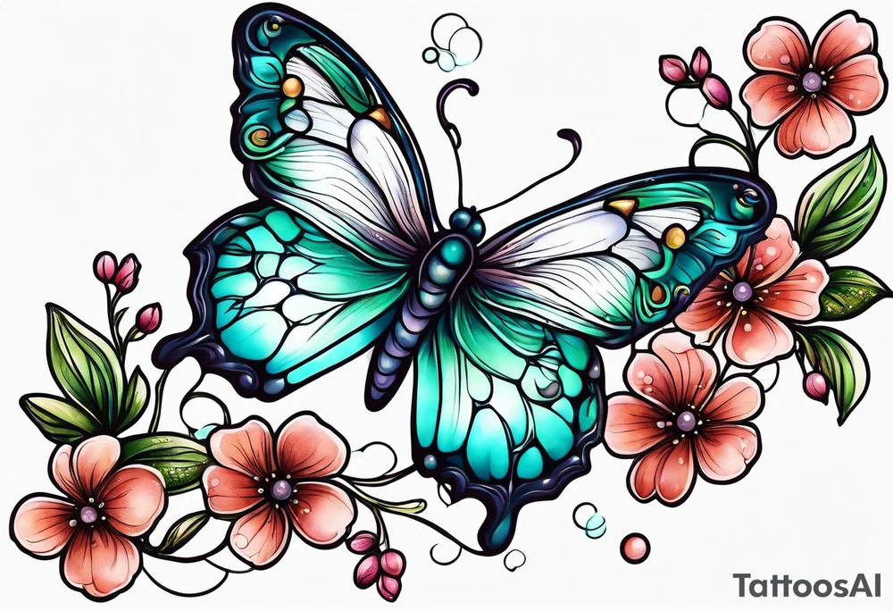 Winding branches and leaves and tiny flowers with a small moth and bubbles tattoo idea