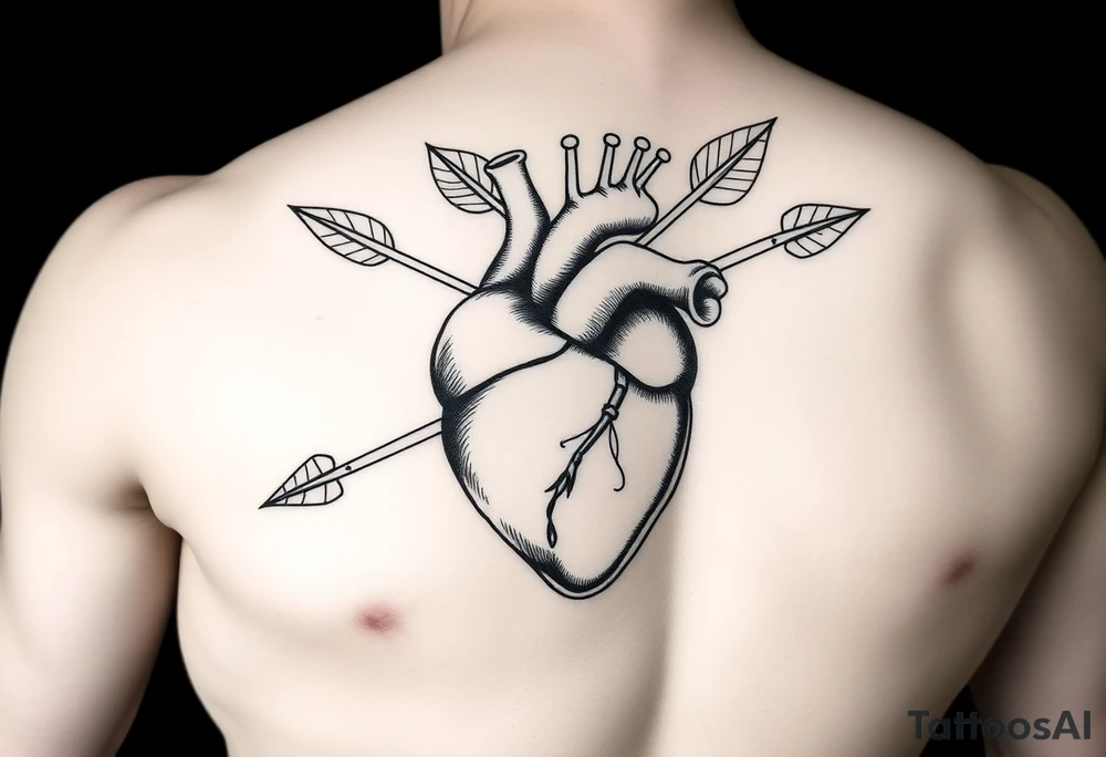 anatomical heart pierced by ornate arrow with flowing ribbons tattoo idea