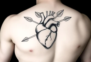 anatomical heart pierced by ornate arrow with flowing ribbons tattoo idea