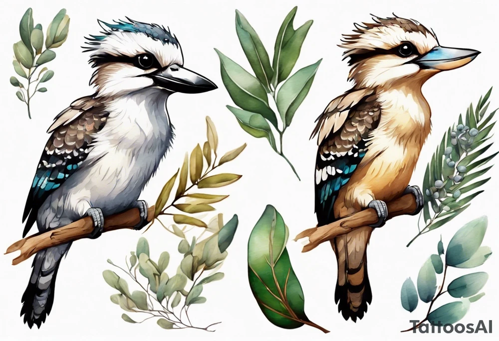 Cartoon kookaburra sitting on wattle and eucalyptus leaves tattoo idea