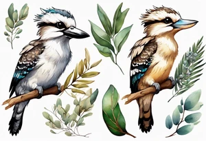 Cartoon kookaburra sitting on wattle and eucalyptus leaves tattoo idea