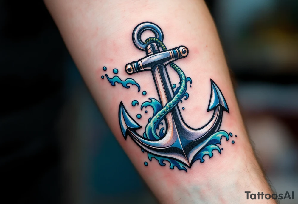 Oceanic Hook – A hook designed as a silver anchor, connected to flowing blue and green waves, representing a connection with the ocean's power. tattoo idea