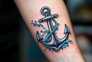 Oceanic Hook – A hook designed as a silver anchor, connected to flowing blue and green waves, representing a connection with the ocean's power. tattoo idea