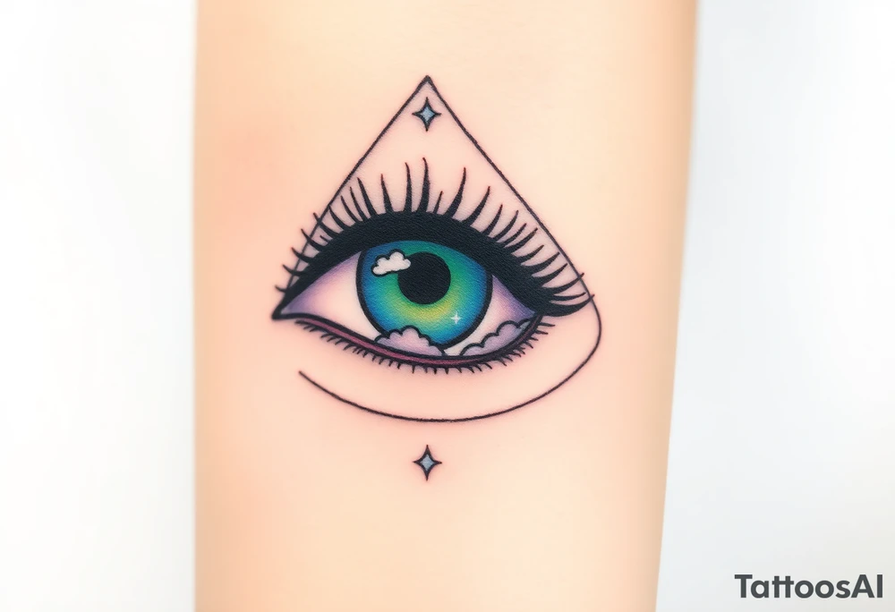 Large outline of an eye shaped like an almond with the eye as a spade with eye colored greenish blue with long pretty black eyelashes + a crescent moon stars and clouds inside of the eyeball only + using vivid colors like blue green purple light blue light green light purple tattoo idea