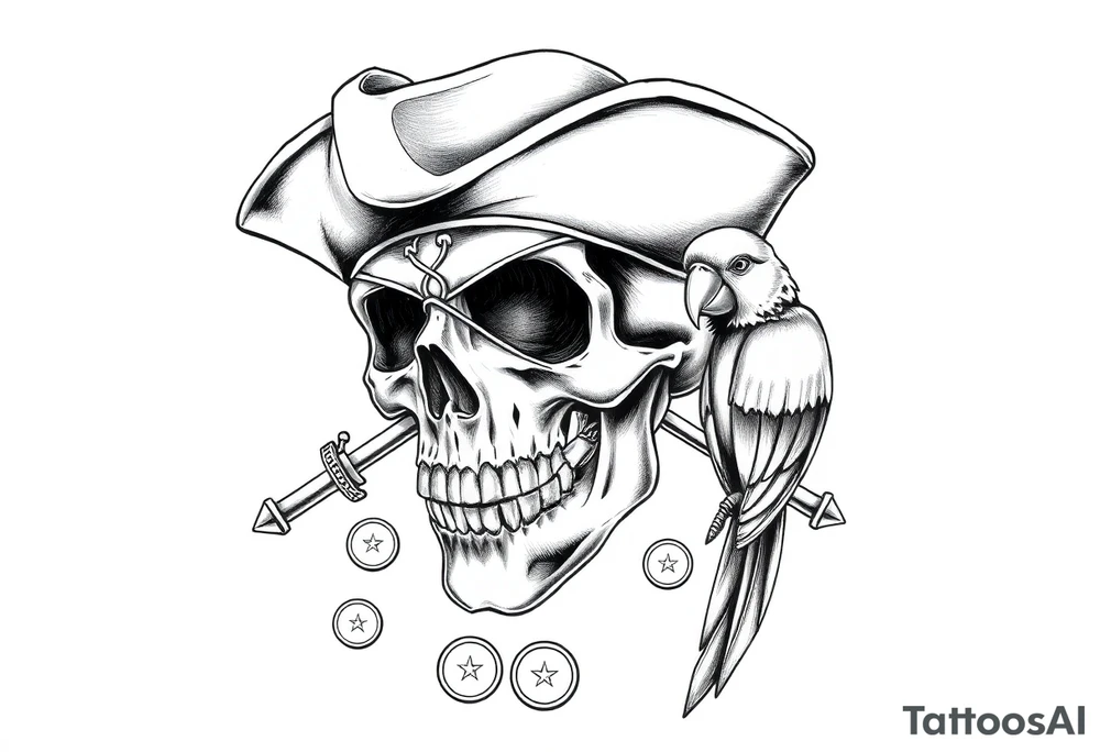 skull with eye-patch,pirate-hat,sabers,parrot,coins. tattoo idea
