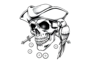 skull with eye-patch,pirate-hat,sabers,parrot,coins. tattoo idea