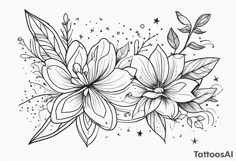 fine line floral with stars, swirls, dots tattoo idea