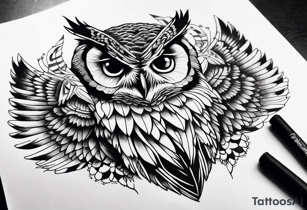 An owl with Dead head moth wings tattoo idea