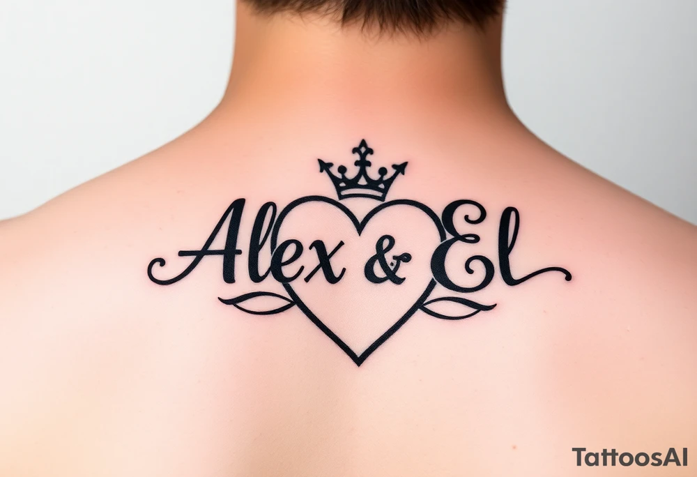 the name Alex and El in a heart with crown tattoo idea