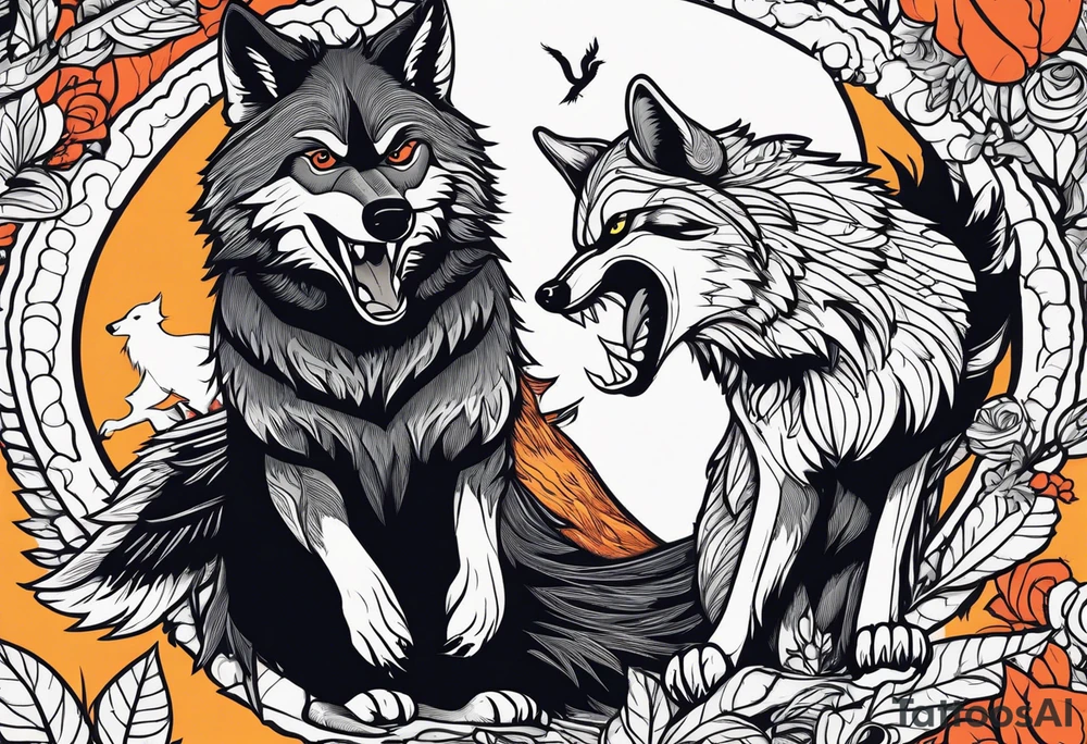 A Wolf and a raccoon are fighting
A crow ist watching them
Background Woods tattoo idea