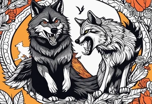 A Wolf and a raccoon are fighting
A crow ist watching them
Background Woods tattoo idea