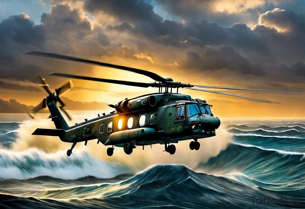 A cinematic-style tattoo depicting a Canadian military CH-148 Cyclone helicopter performing a daring maneuver over a turbulent ocean. The sky should be filled with dramatic clouds, and the sun should be setting, casting long shadows. The helicopter should be the main focus, with intricate details and a sense of motion tattoo idea