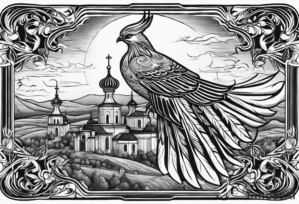russian firebird in-flight with fancy tail and 3 small onion cap monastery towers in background, with "Isaiah 43: 18-19" tattoo idea