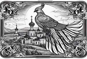 russian firebird in-flight with fancy tail and 3 small onion cap monastery towers in background, with "Isaiah 43: 18-19" tattoo idea