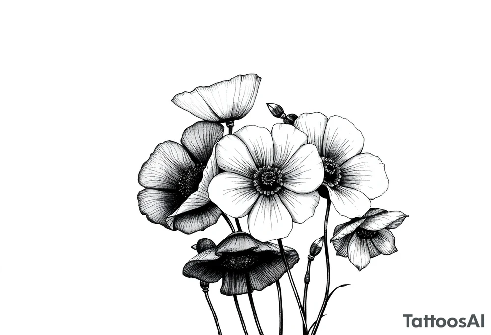A cluster of wildflowers or poppies, with solid black shadows at the base and lighter stippling toward the petals.
The sun’s rays could be subtly hinted at with negative space, giving the illusion of light breaking through. tattoo idea