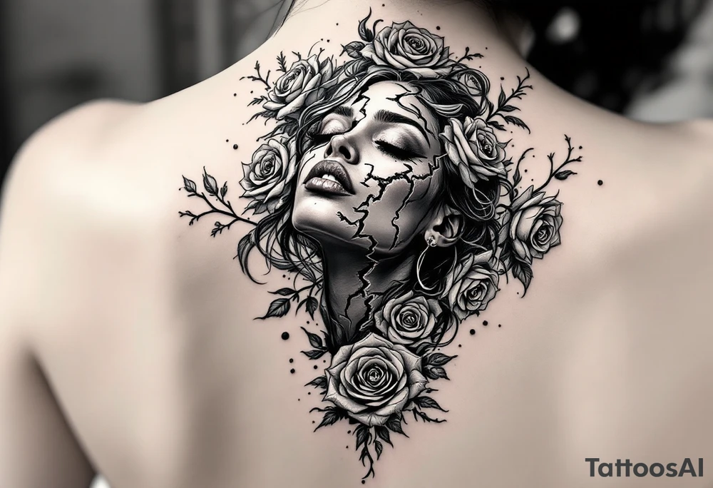 Broken Black woman surrounded by roses that shows the good and evil of humanity tattoo idea