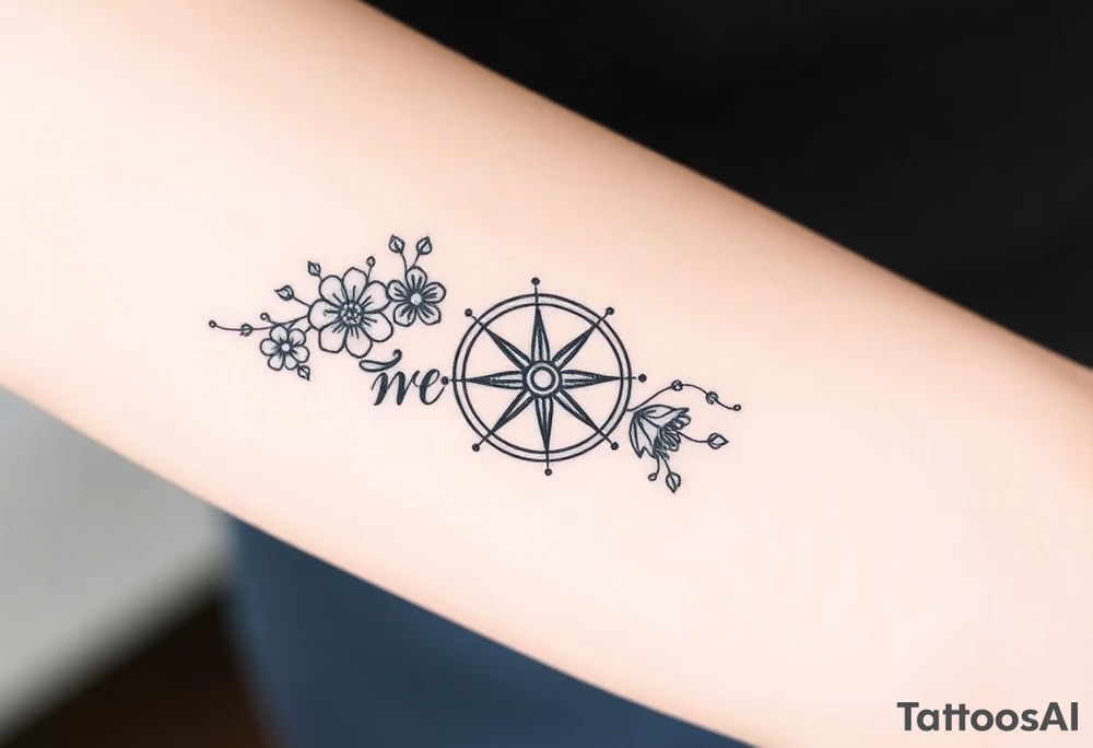 Compass with cursive letters with dot work flowers flowing above and below the compass tattoo idea