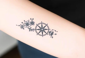 Compass with cursive letters with dot work flowers flowing above and below the compass tattoo idea