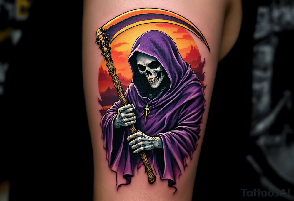 A Grim Reaper in a deep purple cloak, wielding a golden-edged scythe against a sunset backdrop. tattoo idea
