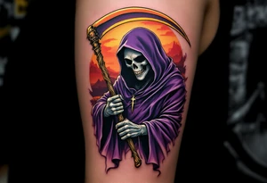 A Grim Reaper in a deep purple cloak, wielding a golden-edged scythe against a sunset backdrop. tattoo idea