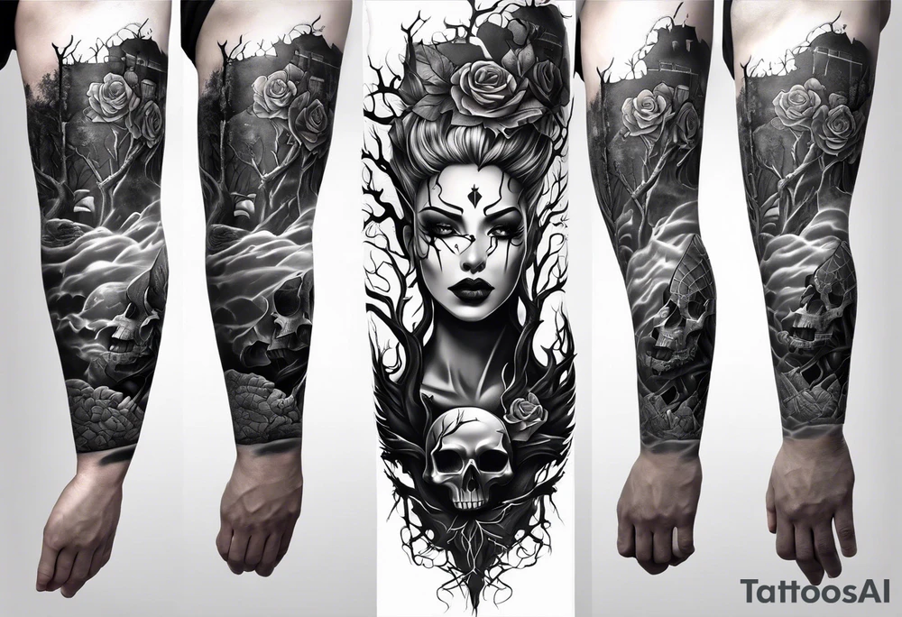 tattoo fool sleeve, dark gothic castle, tree roots break out of the chains, broken mask, roses tattoo idea