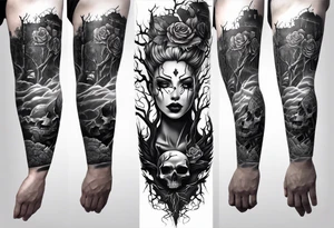 tattoo fool sleeve, dark gothic castle, tree roots break out of the chains, broken mask, roses tattoo idea