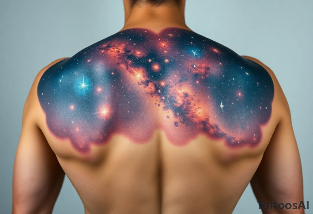 Beautiful and epic 3d milky way that appears to be what is beneath the skin. Make it drape over the shoulder and move to the middle back. use negative spaces to create stars and dust. Incorporate God breathing life into the universe. IKeep it symmetrical tattoo idea