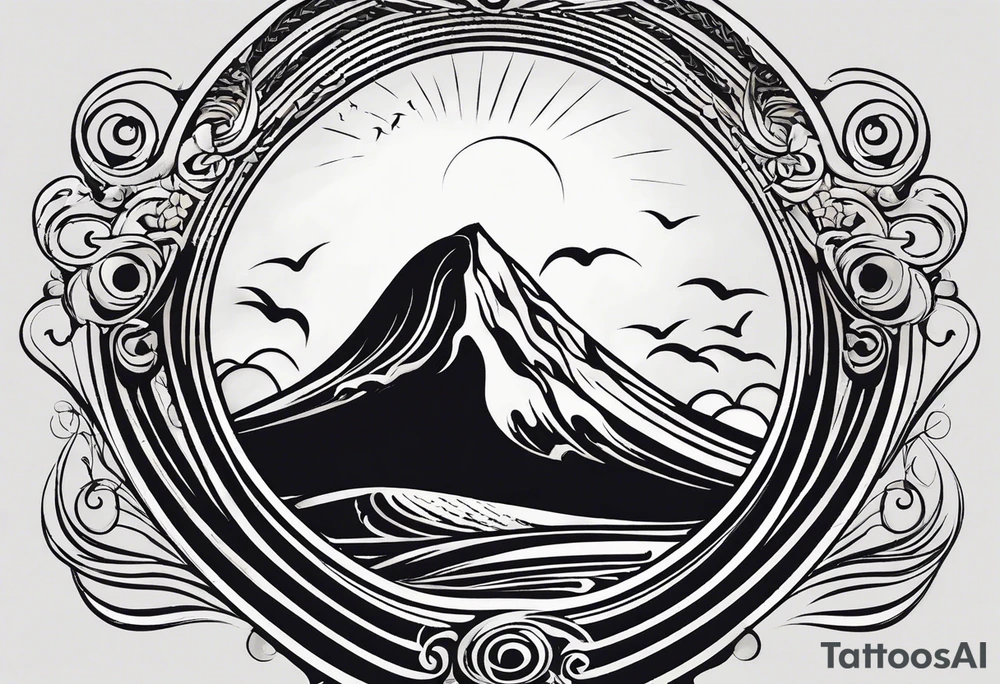 The letters "Pura Vida" forming the gentle curves of ocean waves, with the "i" in "Vida" extending into a mountain peak. The sun could be subtly incorporated above the letters. It creates a harmonious blend of nature and the phrase. tattoo idea