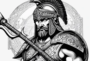 greek warrior wearing a Corinthian helmet weilding an axe tattoo idea