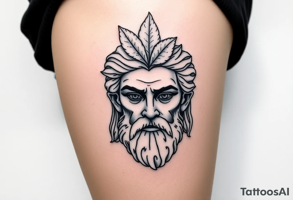 Platos Greek god only his face with a leaf on top tattoo idea