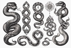 snakes interlocking around a Buddhist amulet that represents strength, protection, and love tattoo idea