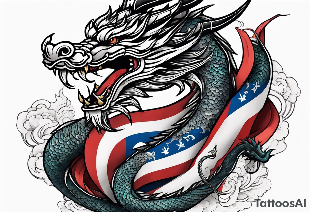 Asian dragon coiling around an anchor centered on the Korean flag tattoo idea