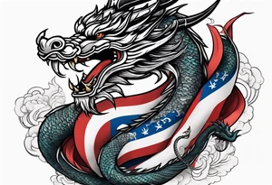 Asian dragon coiling around an anchor centered on the Korean flag tattoo idea