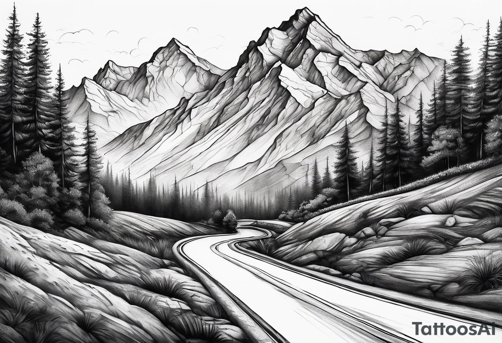 road tattoo into mountain tattoo idea