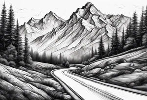 road tattoo into mountain tattoo idea