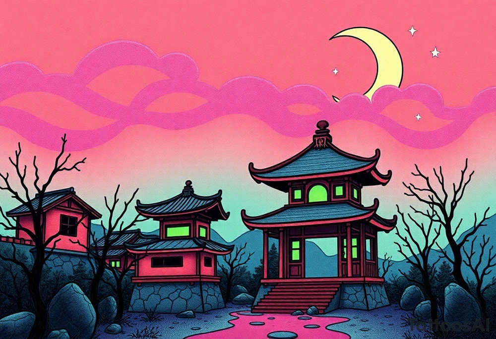 Tim Burton’s haunted pastel Tokyo shrine is abandoned except for one lone samurai ghost and dripping with muted reds, dusty pinks, and eerie green glow.purple and cyan smokey clouds swirl in the crescent moonlit sky thats sprinkled with stars tattoo idea tattoo idea