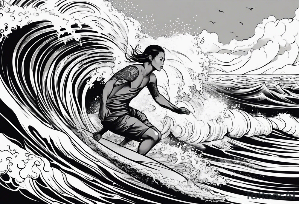 create a tattoo of a naked man and woman surfing tattoo idea