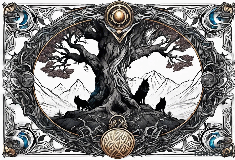 Yggdrasil with hugin and munin and fenrir tattoo idea
