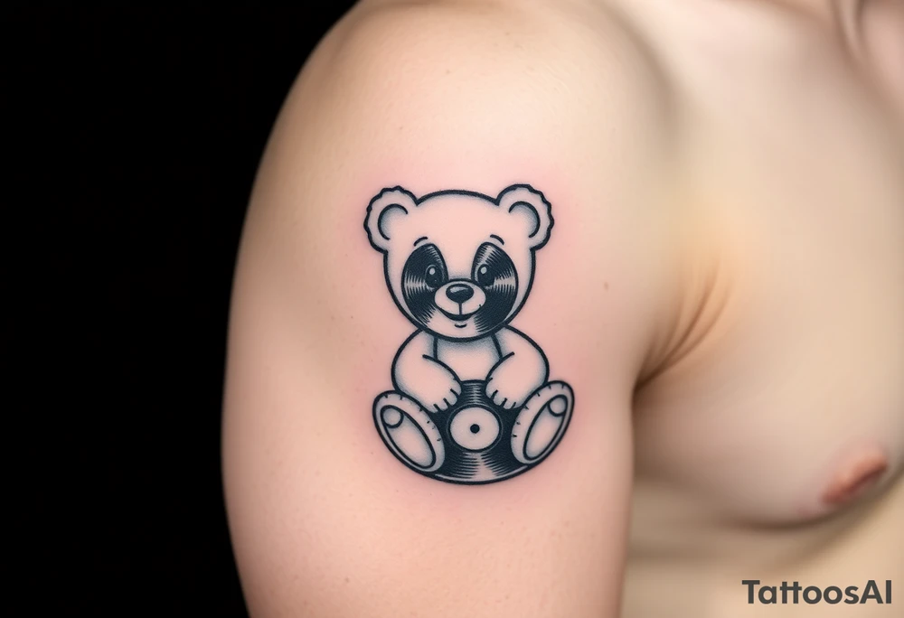 minimalist teddy bear with vinyl records as eyes smiling and sitting on a record tattoo idea
