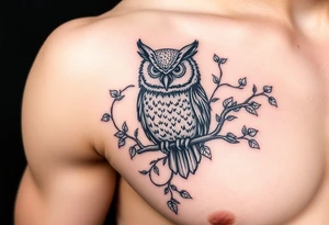 Vine wrapped around owl to where you can barely see the owl 333 in vine tattoo idea