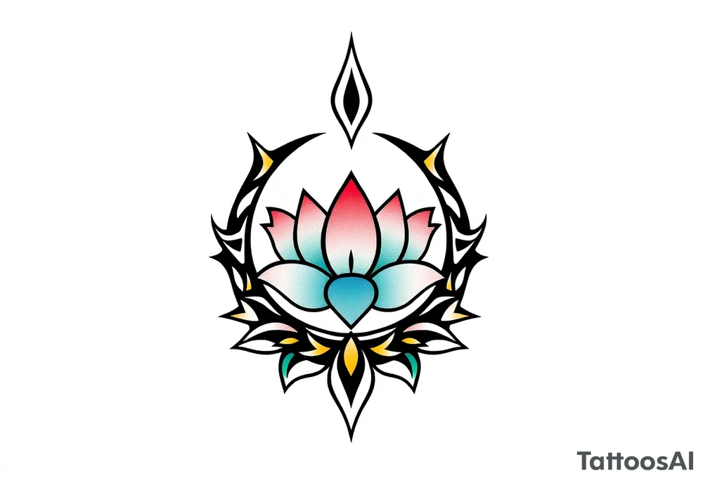 small colorful crescent moon with lotus flower tattoo idea
