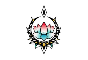 small colorful crescent moon with lotus flower tattoo idea