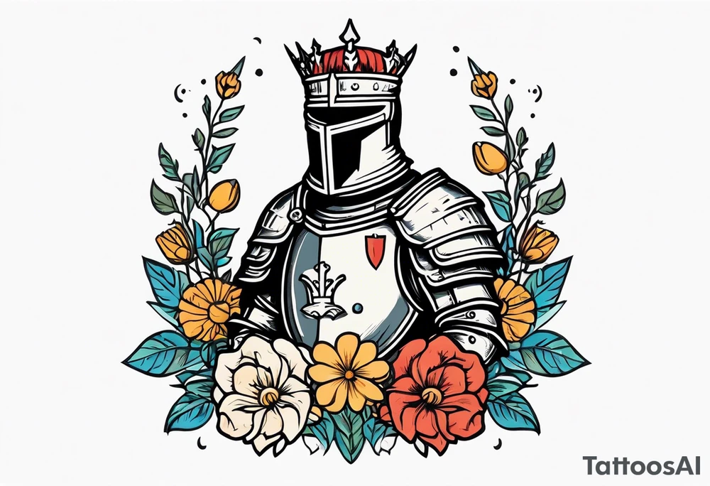 knight in armor traditonal vintage tattoo crown colorful with flowers and a bible tattoo idea