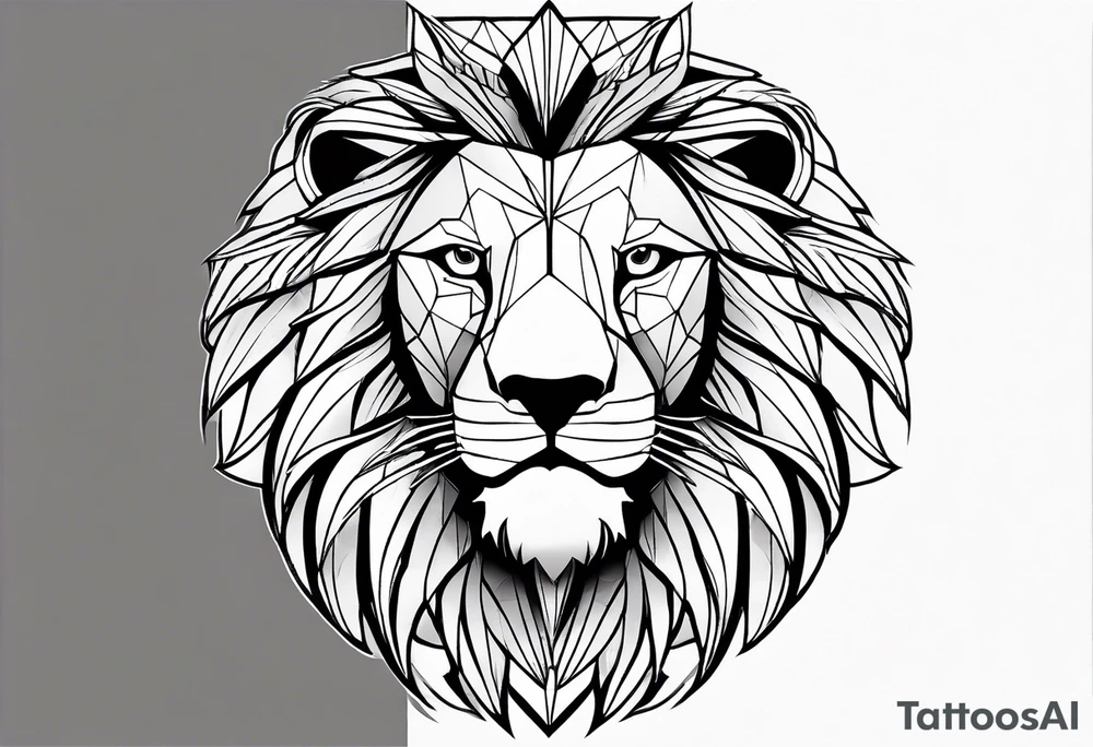 A geometric design with a lion head and a mountain. The tattoo is a full sleeve tattoo idea